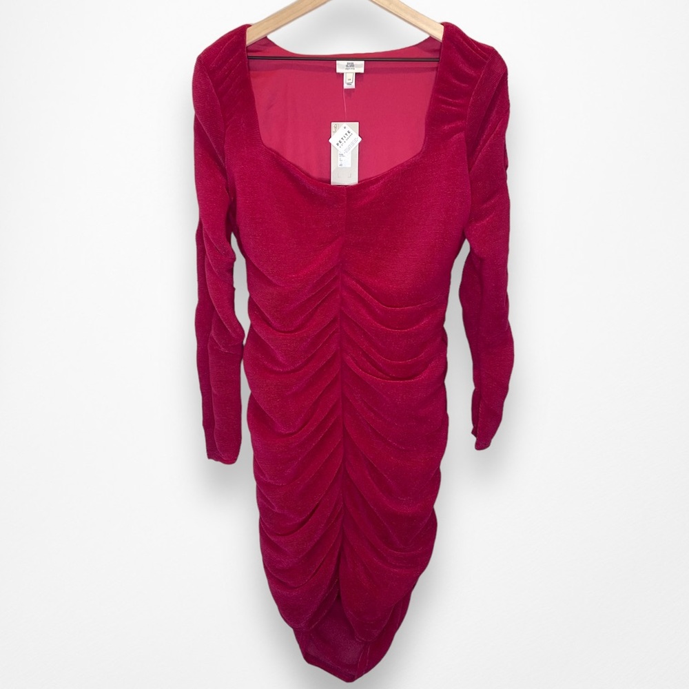 River Island Long Sleeve Mini Dress Magenta Shine Ruched Size 10 Petite NWT